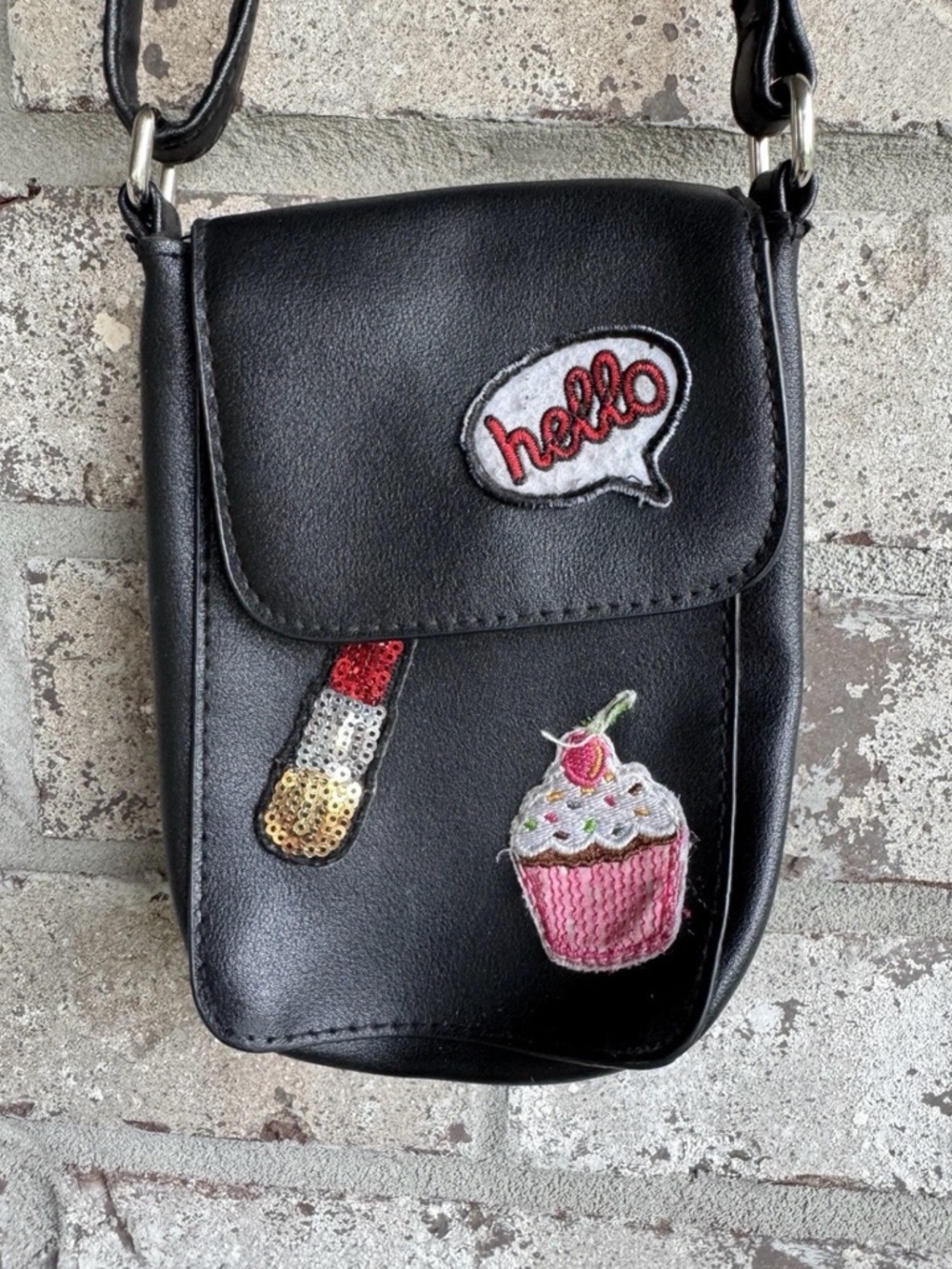 American Eagle Emoji Black Crossbody Mini Bag with Embroidered Patches